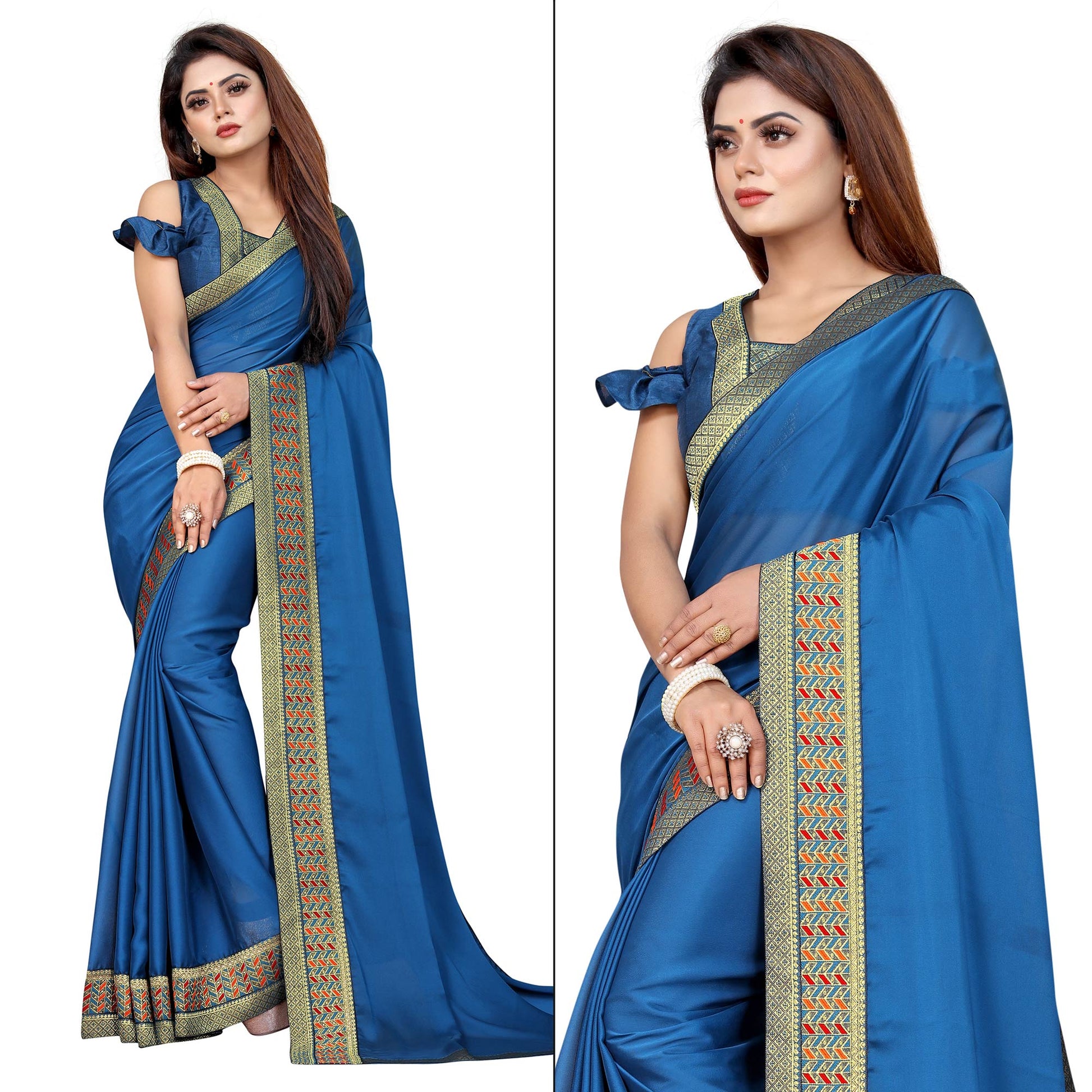 Blue Solid With Woven Border Vichitra Silk Saree