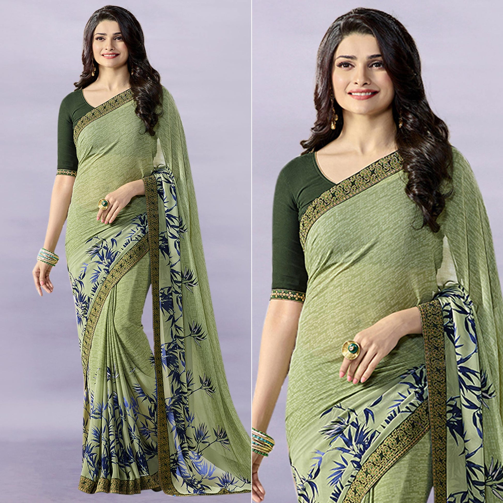 Mehendi Green Floral Printed Georgette Saree