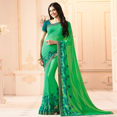 green-floral-printed-georgette-saree-with-lace-border