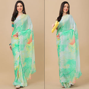 Light Green Printed With Swarovski Work Chiffon Saree