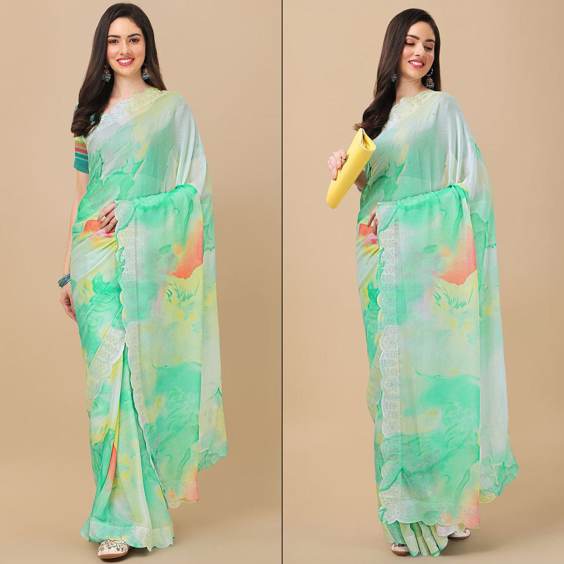 Light Green Printed With Swarovski Work Chiffon Saree