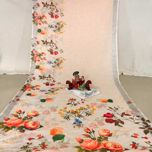 Cream Floral Digital Printed Linen Saree