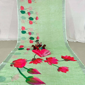 green-floral-digital-printed-linen-saree