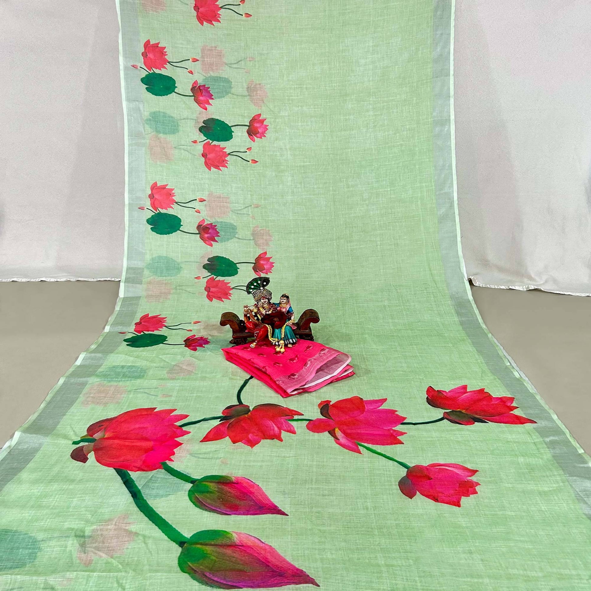 green-floral-digital-printed-linen-saree