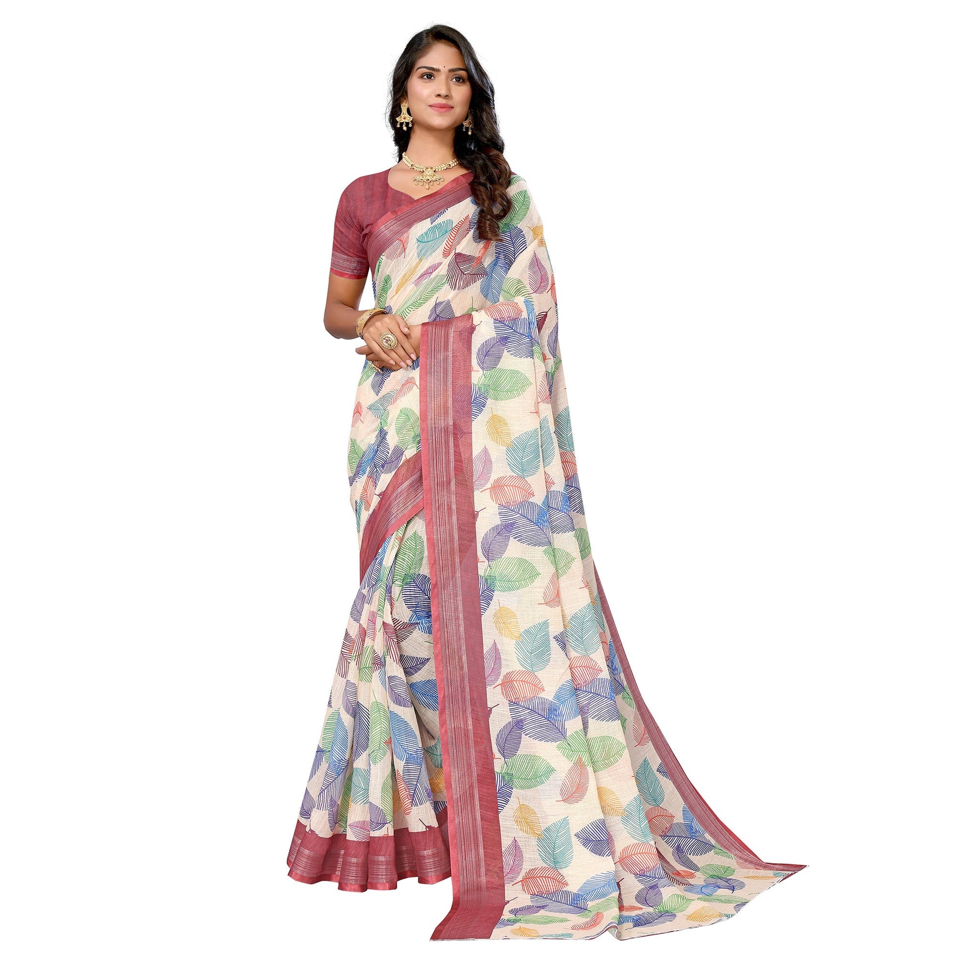 Cream Digital Floral Printed Linen Saree