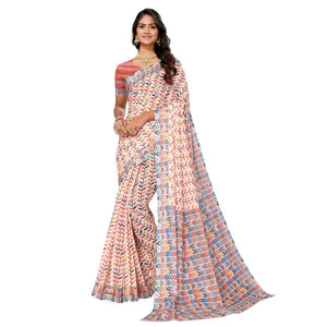 Cream & Multicolor Digital Floral Printed Linen Saree