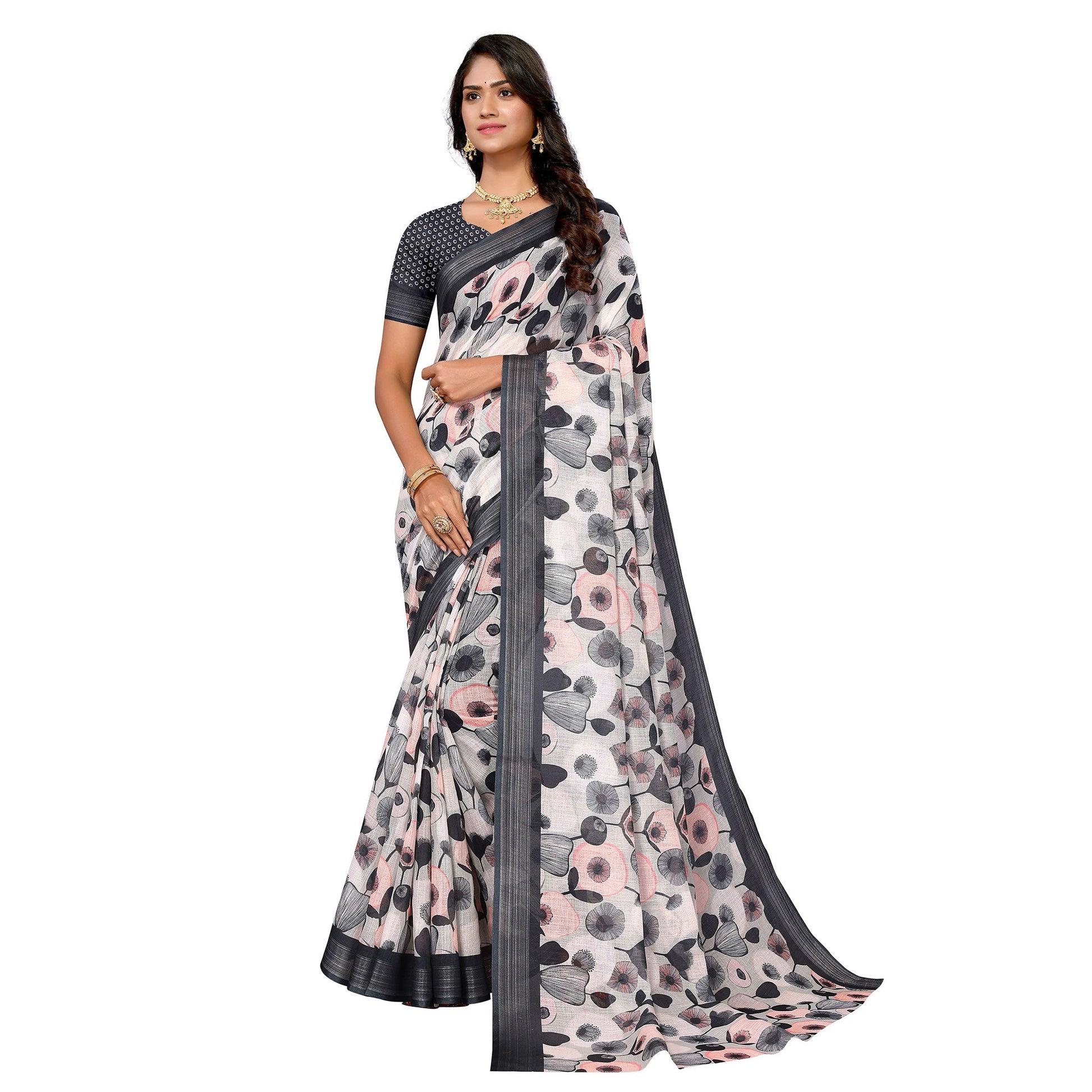 grey-black-digital-floral-printed-linen-saree