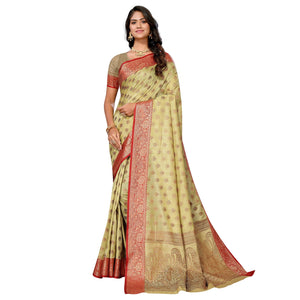 Lemon Green Floral Woven Banarasi Silk Saree
