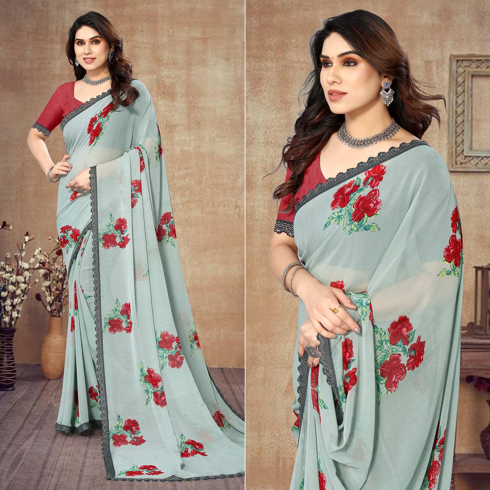 grey-floral-printed-georgette-saree-with-lace-border