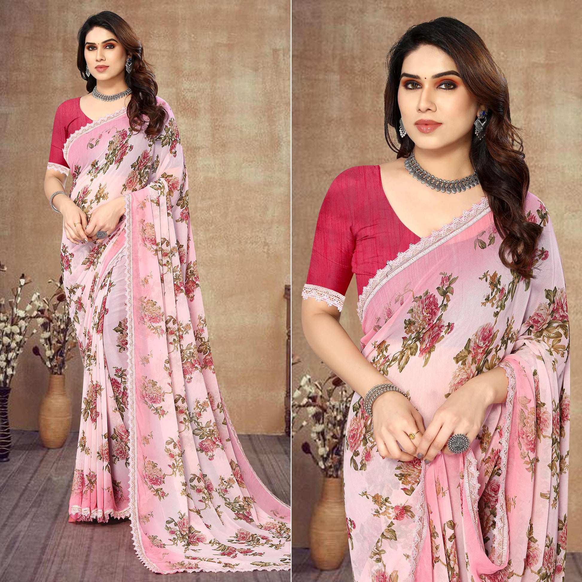 Light Pink Floral Printed Georgette Saree With Lace Border