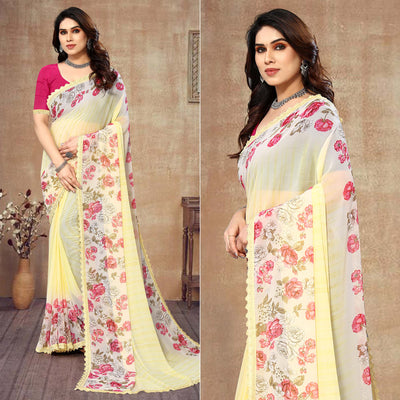 Light Yellow Floral Printed Georgette Saree With Lace Border