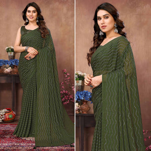 Mehendi Green Mukaish Work Silk Saree With Tassels