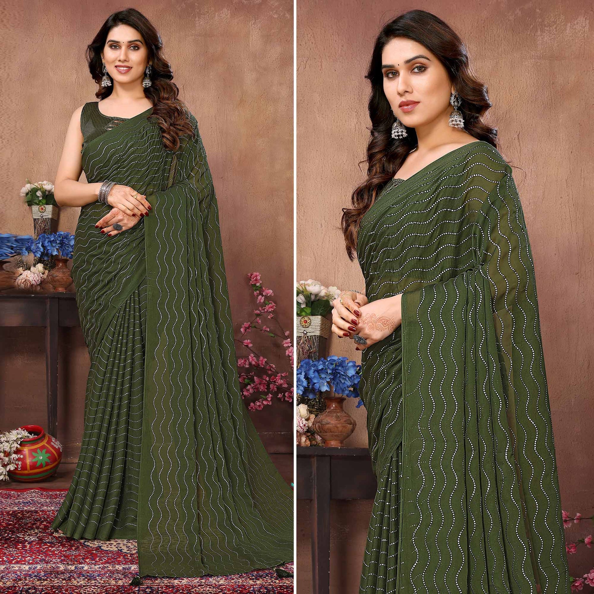 Mehendi Green Mukaish Work Silk Saree With Tassels