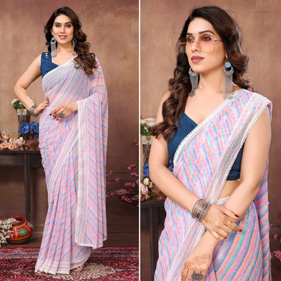 Lavender Printed Striped Printed Ready To Wear Georgette Saree