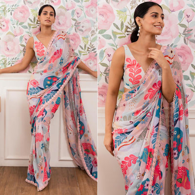 Light Blue Digital Printed Georgette Saree
