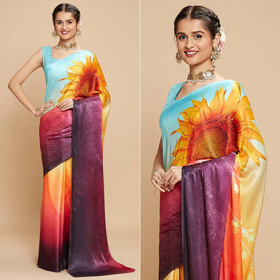 Multicolor Digital Printed Chinon Silk Saree
