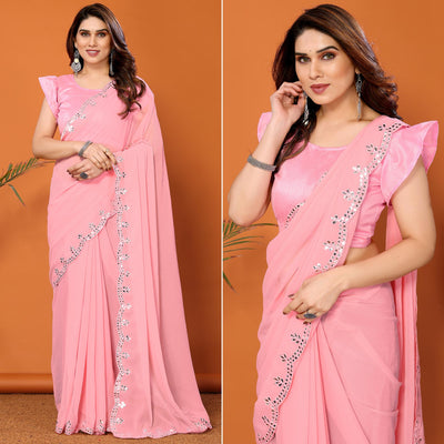Light Pink Embellished Georgette Saree With Mirror Work