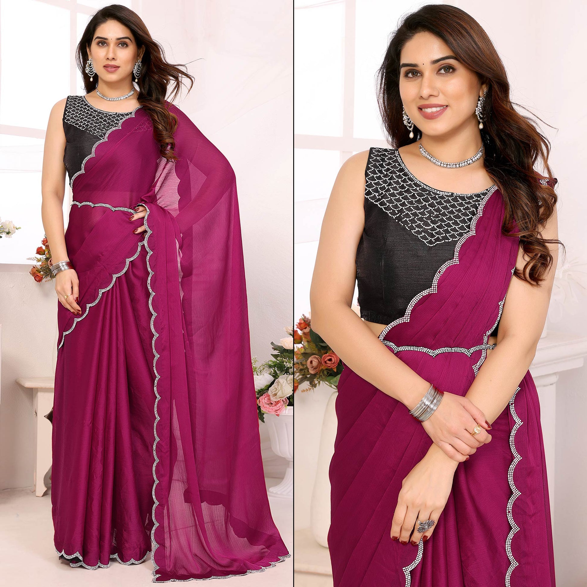Magenta Solid Chiffon Saree With Stone Work Border