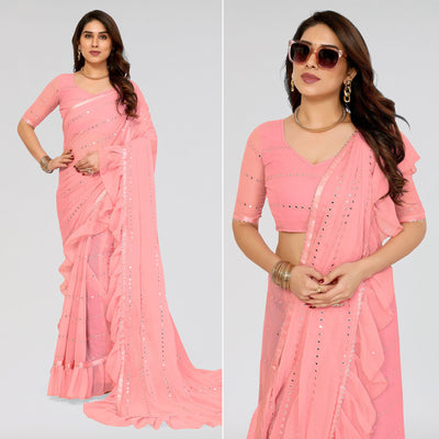 Light Pink Embroidered Georgette Ruffle Saree