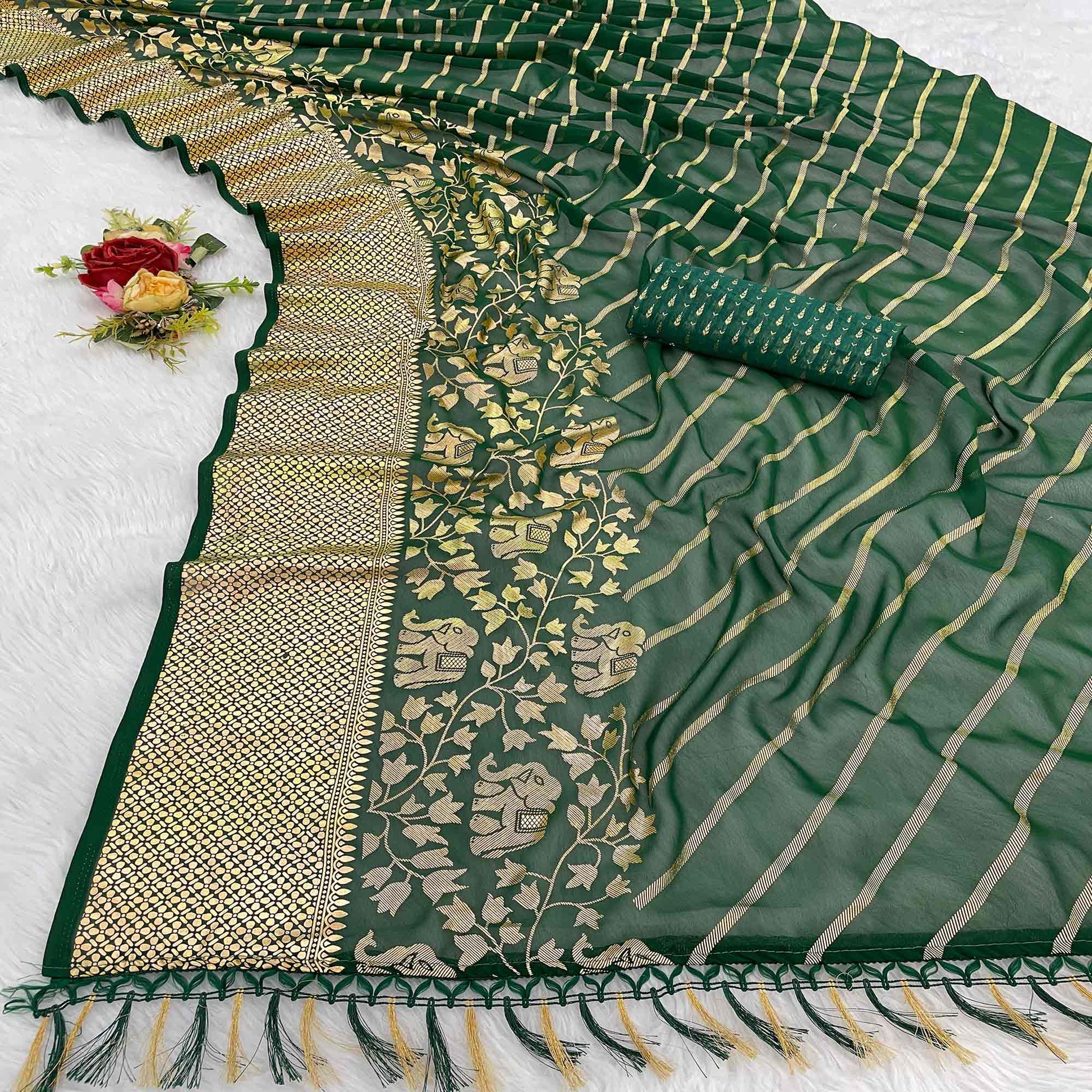 Dark Green Striped Foil Printed Georgette Saree With Tassels