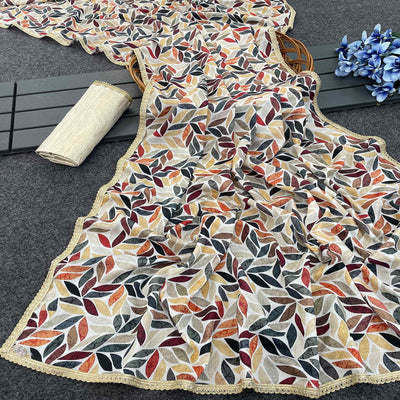 Multicolor Digital Printed Chinon Silk Saree With Fancy Lace Border