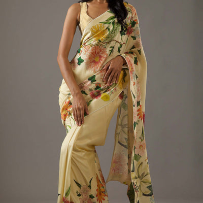 Cream Floral Printed Chiffon Saree