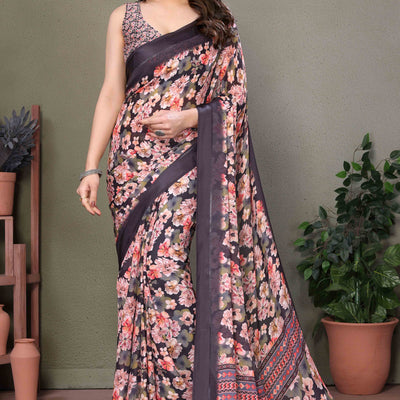Brown Floral Printed Chiffon Saree