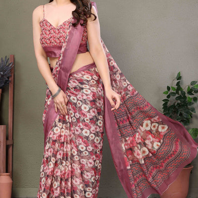 Mauve Floral Printed Chiffon Saree