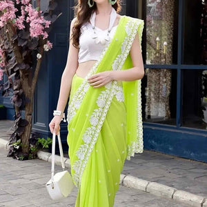 Lime Green Floral Embroidered Georgette Saree
