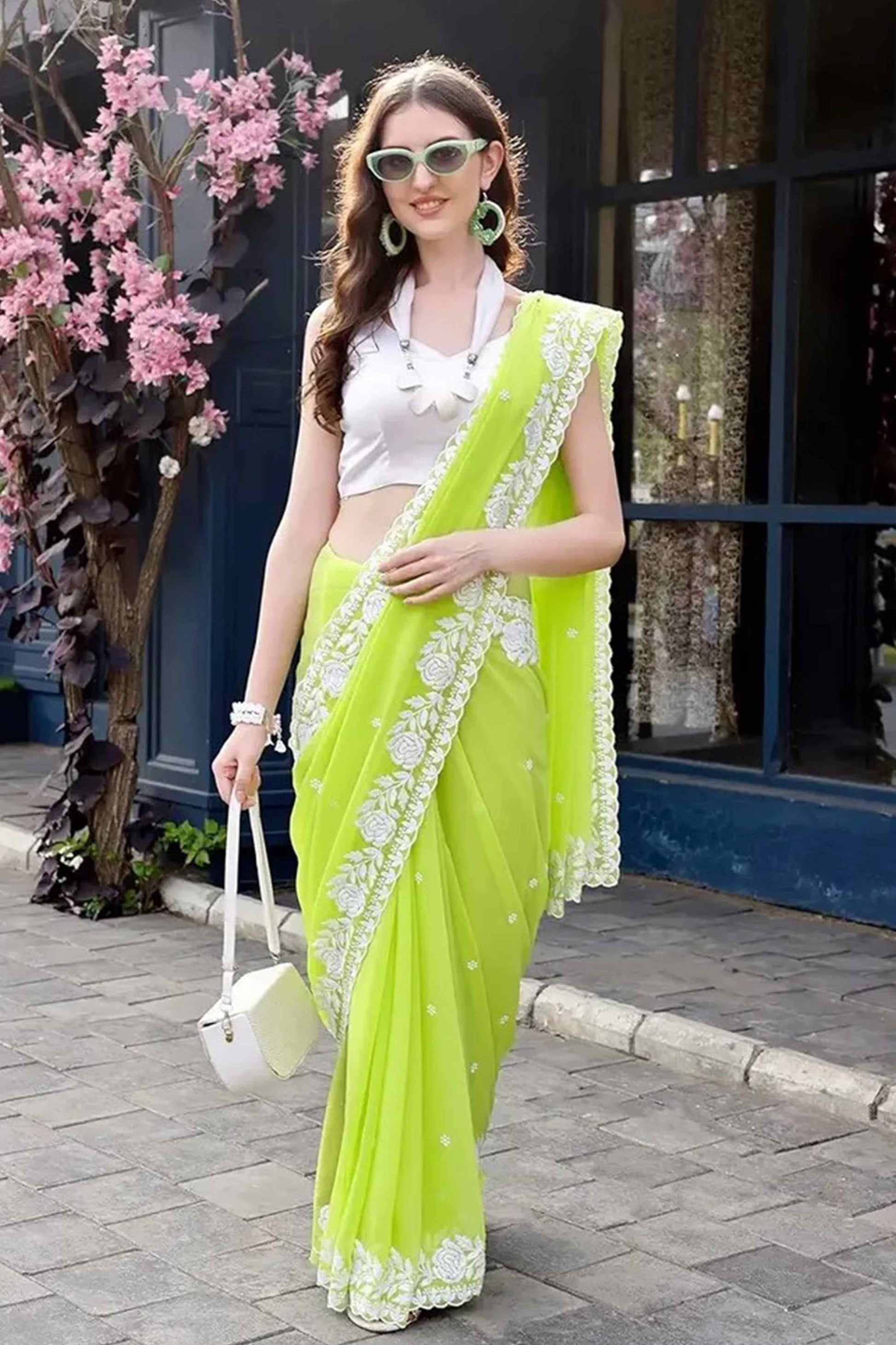 Lime Green Floral Embroidered Georgette Saree