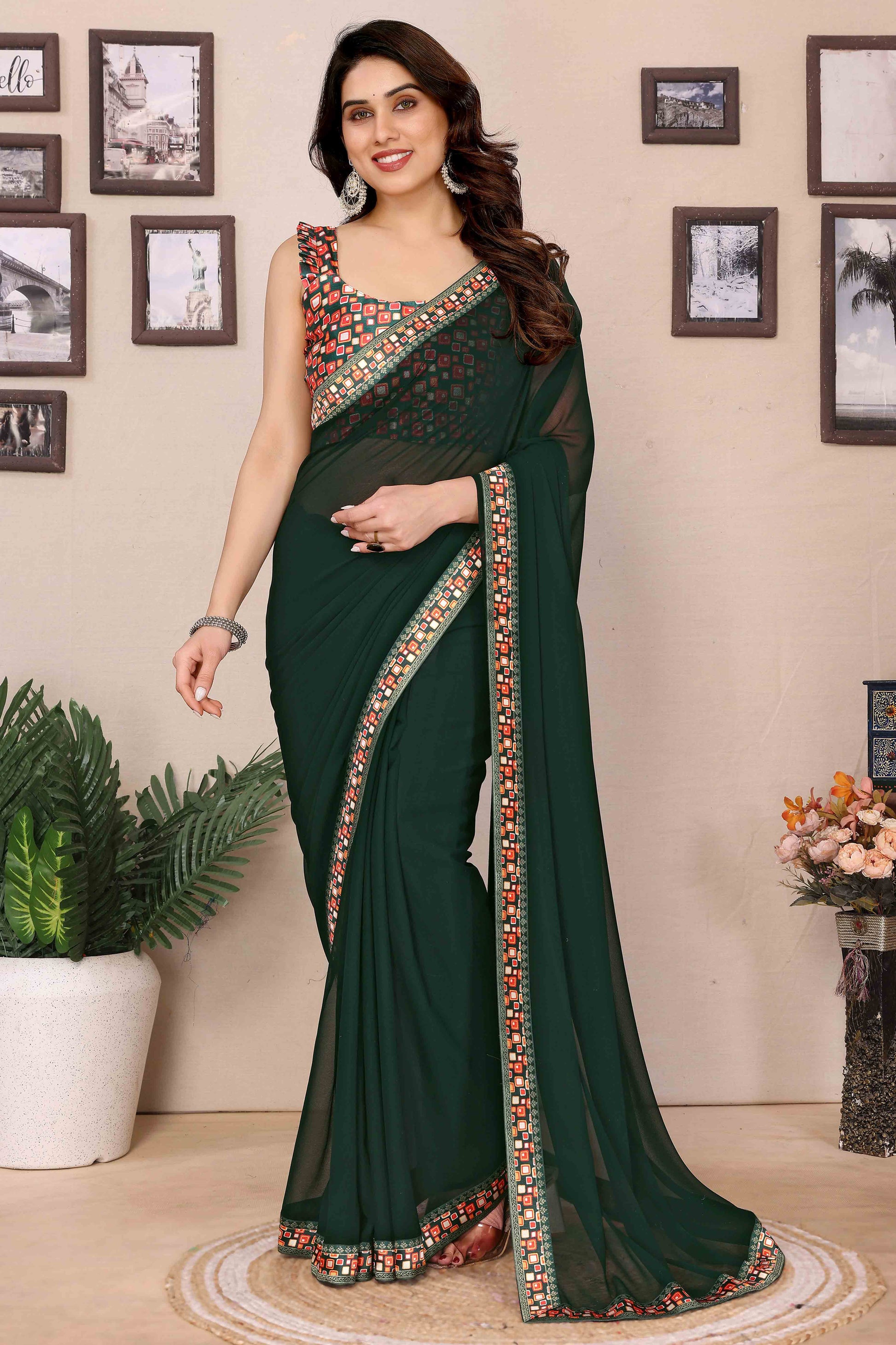 green-solid-georgette-saree-with-printed-border