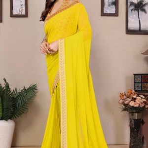 Lemon Yellow Solid Georgette Saree With Printed Border