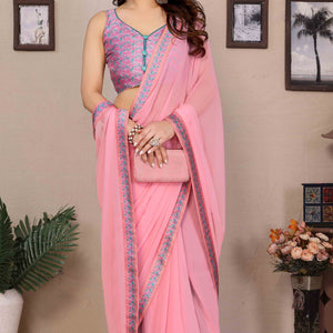 Light Pink Solid Georgette Saree With Printed Border