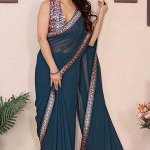 Morpich Blue Solid Georgette Saree With Printed Border