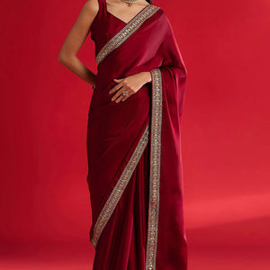 Maroon Solid With Embellished Bordered Chiffon Sarees