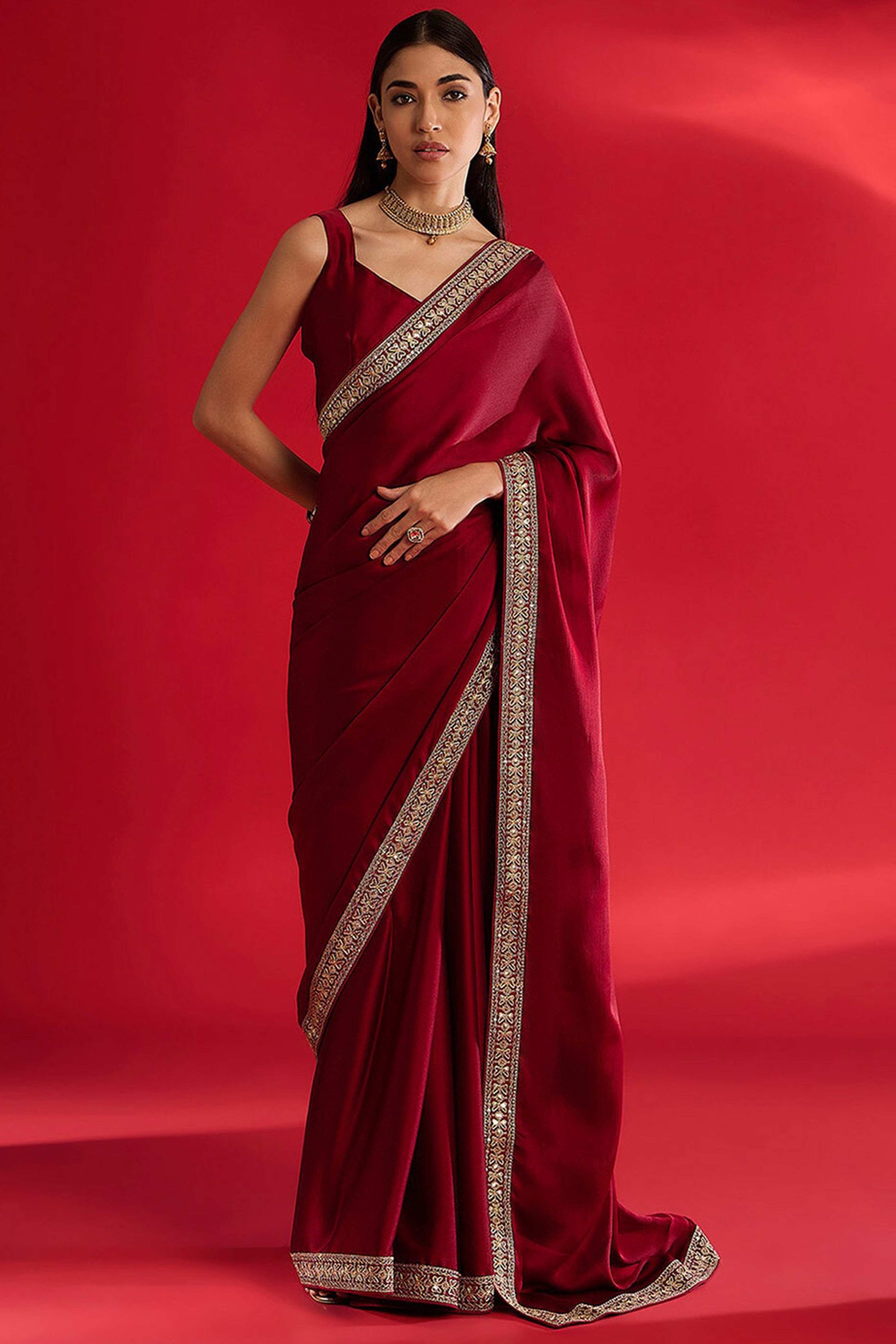 Maroon Solid With Embellished Bordered Chiffon Sarees