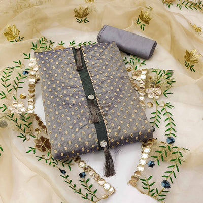 Grey Printed Chanderi Dress Material