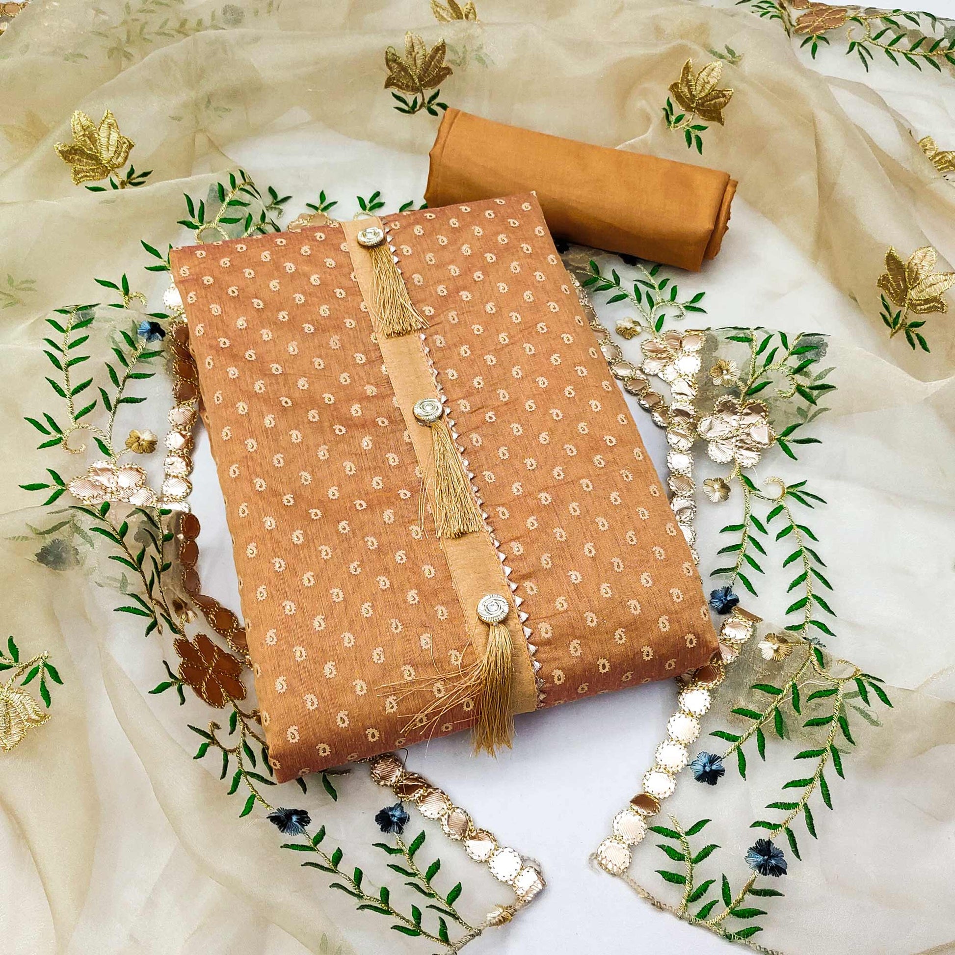 Light Orange Printed Chanderi Dress Material
