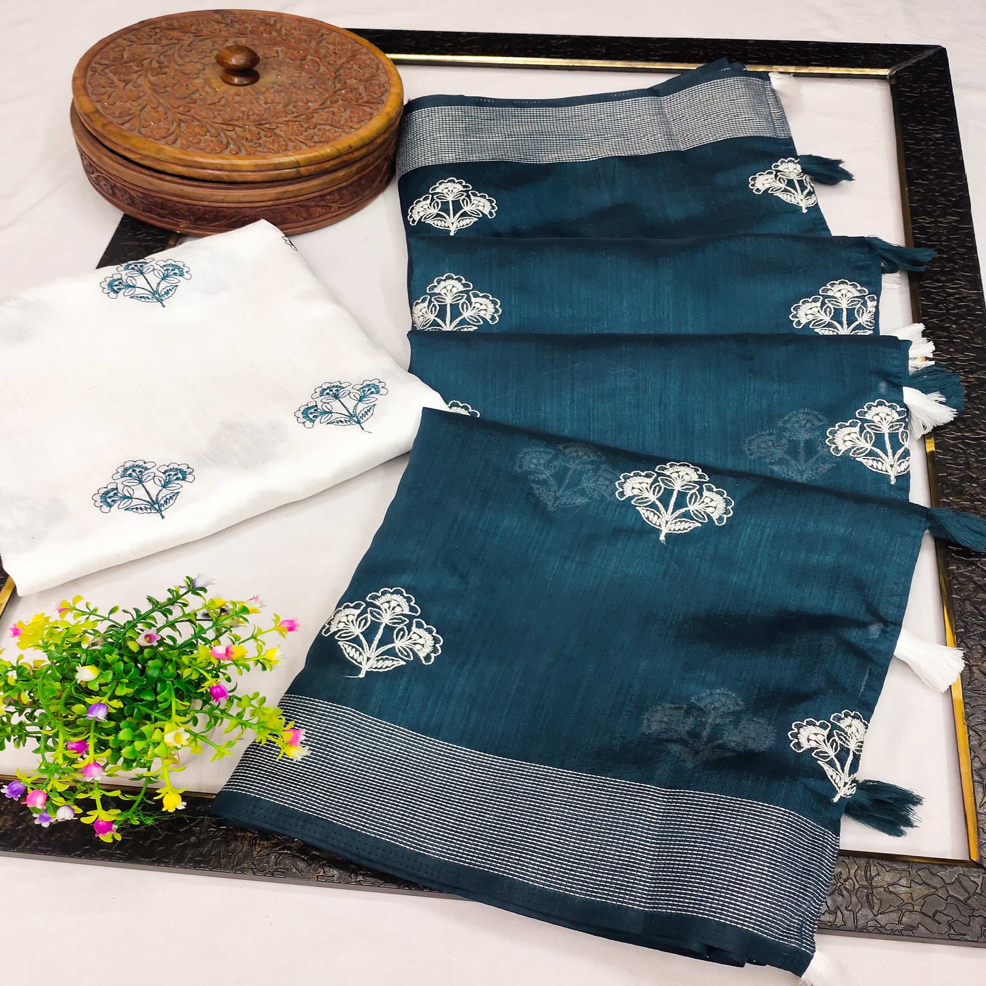 Morpich Floral Embroidered Raw Silk Saree