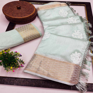 Light Turquoise Floral Embroidered Chanderi Saree