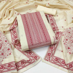 Cream & Maroon Floral Woven Pure Cotton Dress Material
