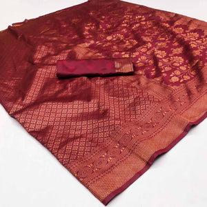 Maroon Floral Woven Banarasi Silk Saree