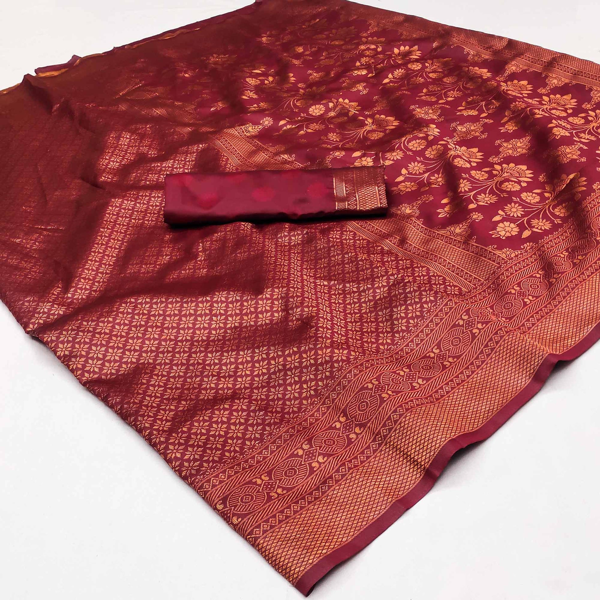 Maroon Floral Woven Banarasi Silk Saree