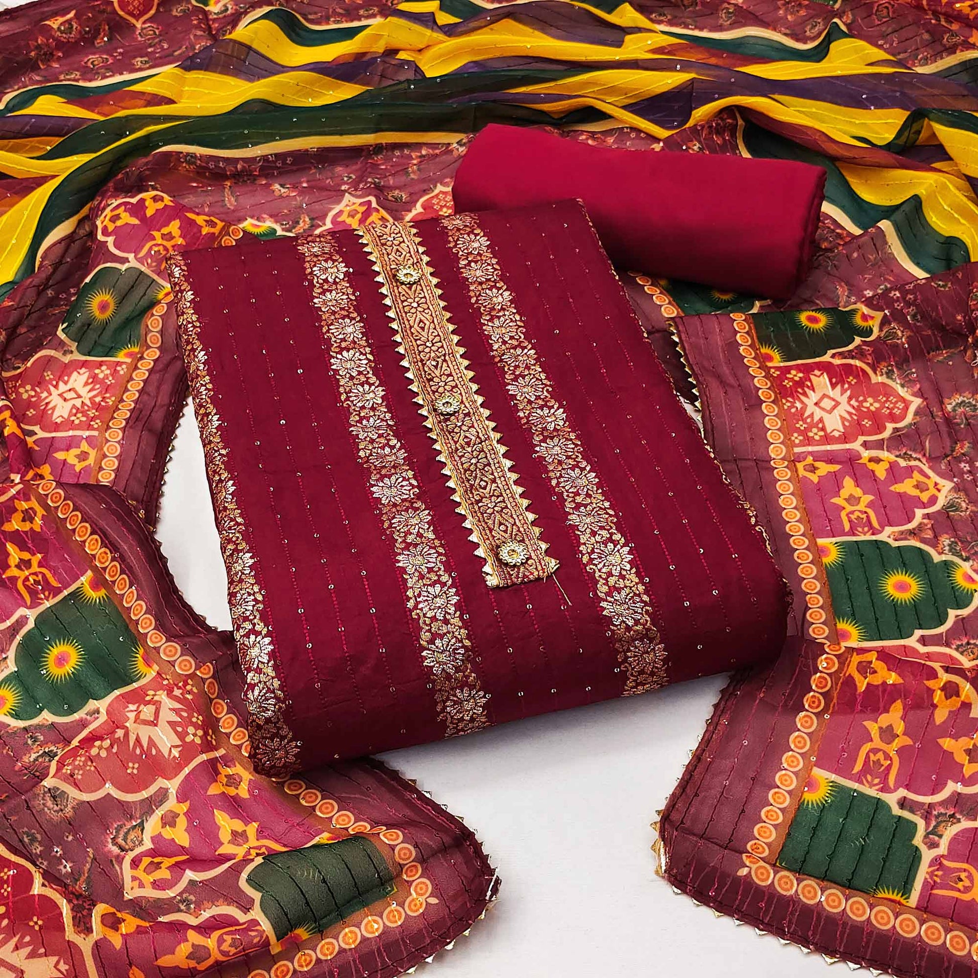 Maroon Woven Banarasi Silk Dress Material