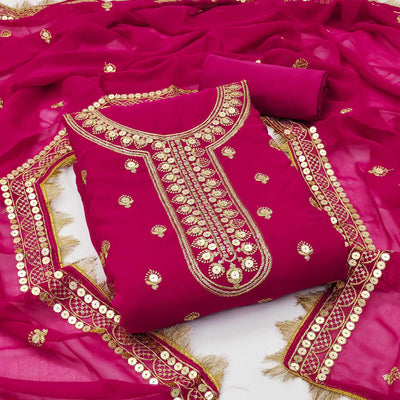 Magenta Pink Embroidered Georgette Dress Material