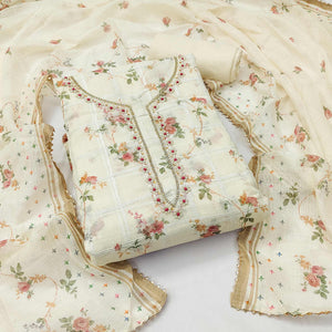 Cream Floral Printed Linen Dress Material