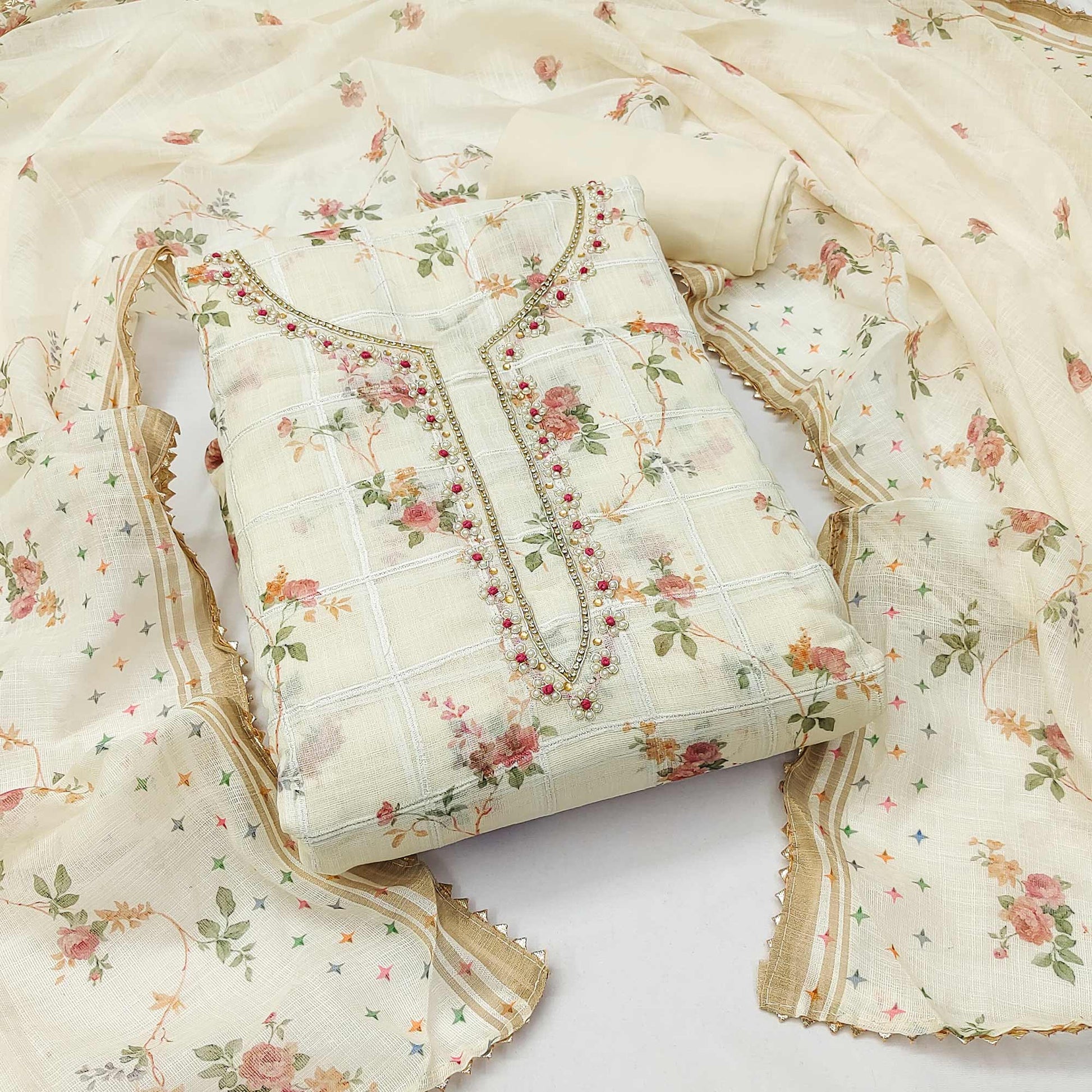 Cream Floral Printed Linen Dress Material