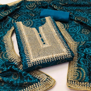 Morpich Printed With Embroidered Vichitra Silk Dress Material