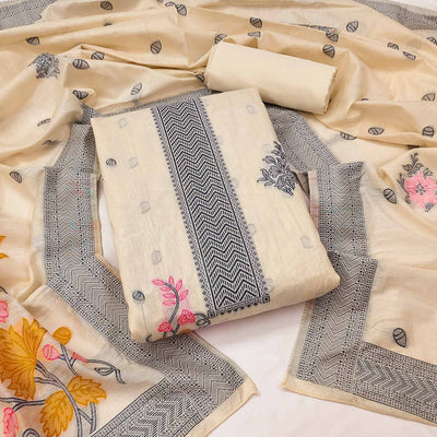 Cream Floral Woven Dress Material