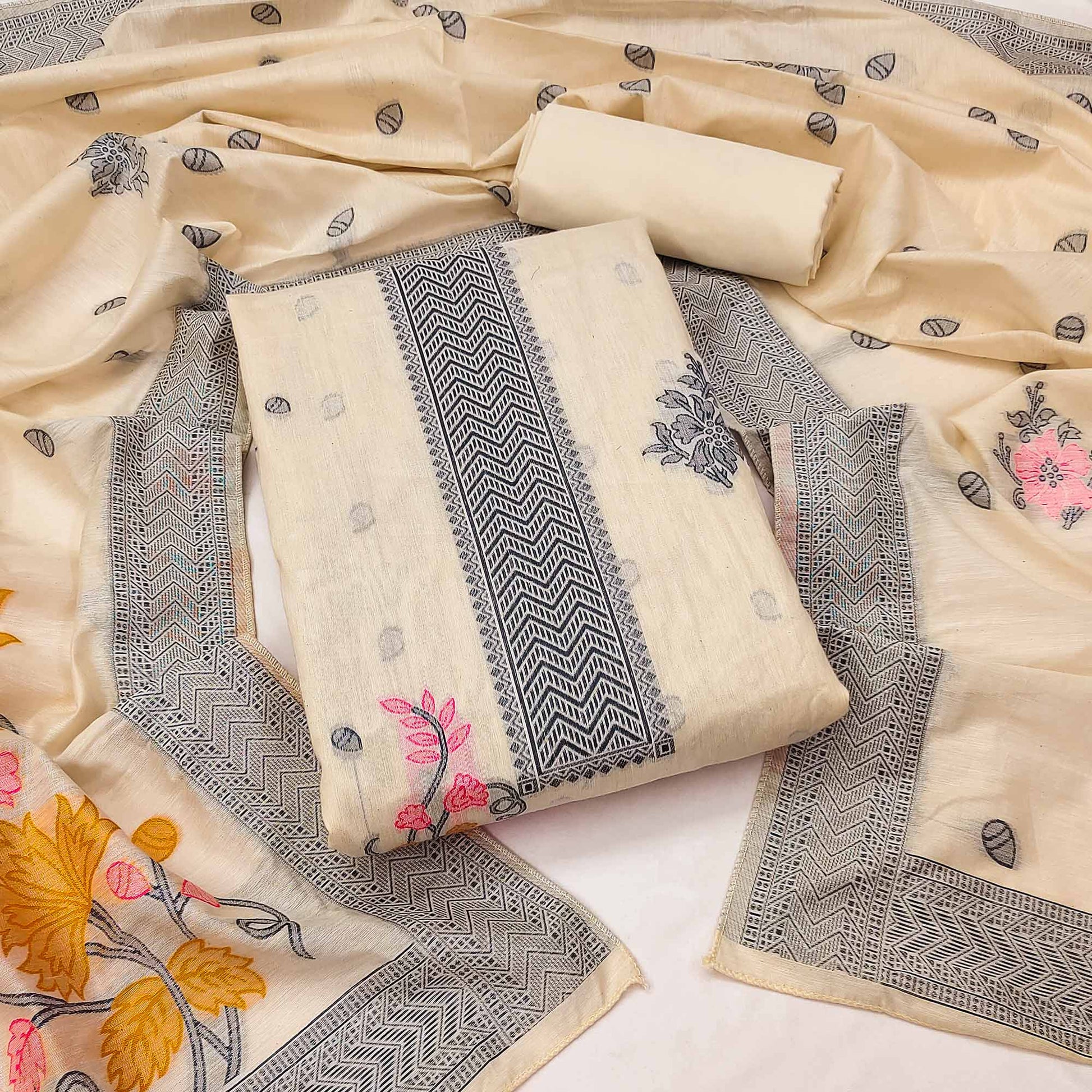 Cream Floral Woven Dress Material